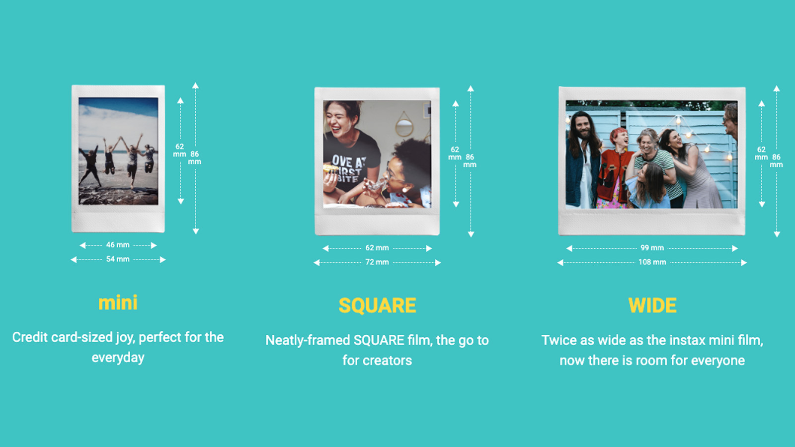 The three different Instax film formats compared on a green background