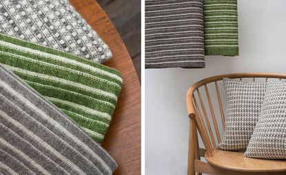 Left: Two striped and one checked fabric. Right: two striped fabrics hanging and the checked fabric as a cushion cover