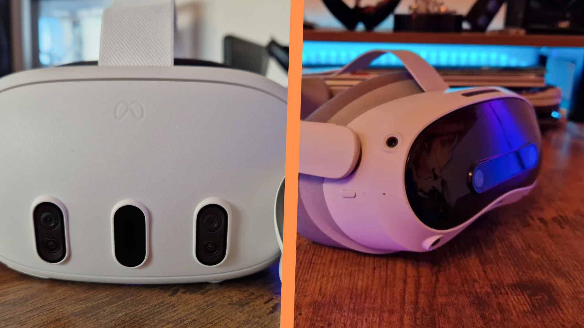 Photo: gamesradar.com The Meta Quest 3 side by side with a Pico 4 Ultra, separated by an orange line