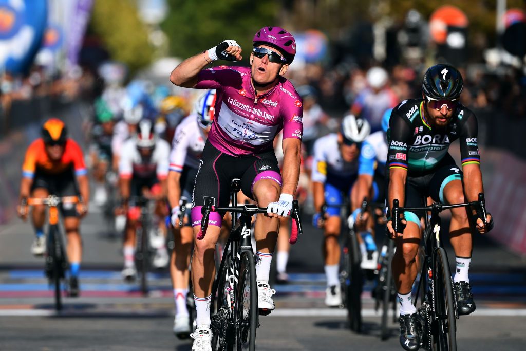 BRINDISI ITALY OCTOBER 09 Arrival Arnaud Demare of France and Team Groupama FDJ Purple Points Jersey Celebration Peter Sagan of Slovakia and Team Bora Hansgrohe during the 103rd Giro dItalia 2020 Stage Seven a 143km stage from Matera to Brindisi girodiitalia Giro on October 09 2020 in Brindisi Italy Photo by Stuart FranklinGetty Images