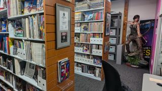 An image of the Video Game History Foundation's physical library, showing rows of bookshelves filled with old magazines, and a life-size statue of Lara Croft in the far right corner