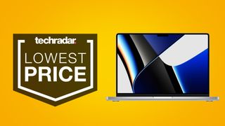 MacBook Pro 14-inch on yellow background with lowest price logo