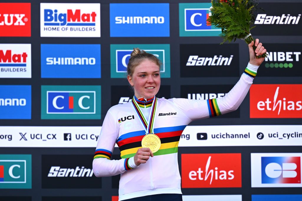 LIEVIN FRANCE FEBRUARY 01 Gold medalist Fem Van Empel of Netherlands celebrates winning during the medal ceremony after the 76th UCI CycloCross World Championships 2025 Womens Elite on February 01 2025 in Lievin France Photo by Luc ClaessenGetty Images