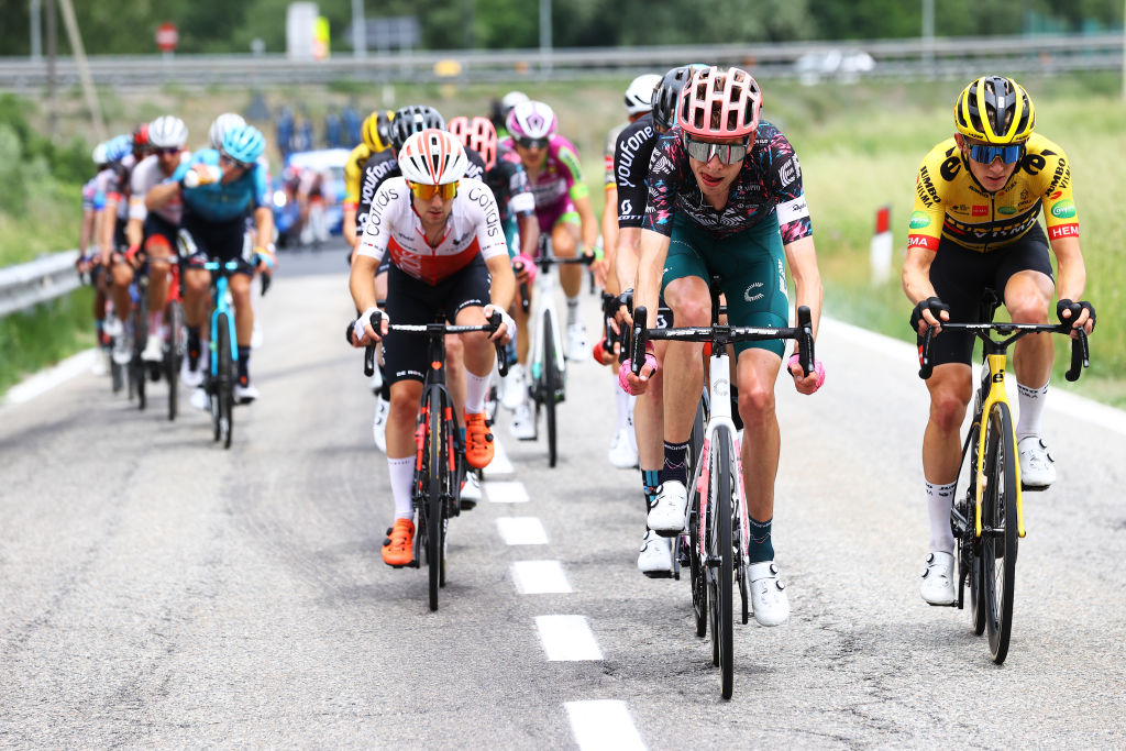 COGNE ITALY MAY 22 LR Rmy Rochas of France and Team Cofidis Hugh Carthy of United Kingdom and Team EF Education Easypost and Koen Bouwman of Netherlands and Team Jumbo Visma compete in the breakaway during the 105th Giro dItalia 2022 Stage 15 a 177km stage from Rivarolo Canavese to Cogne 1622m Giro WorldTour on May 22 2022 in Cogne Italy Photo by Michael SteeleGetty Images