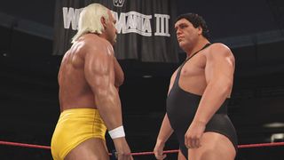 Hulk Hogan and Andre the Giant looking at each other in WWE 2K24