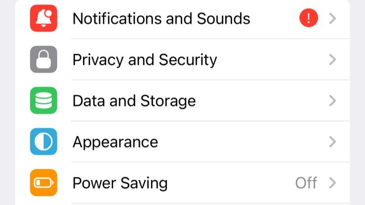 A list of settings on a phone screen, including a Privacy and Security setting