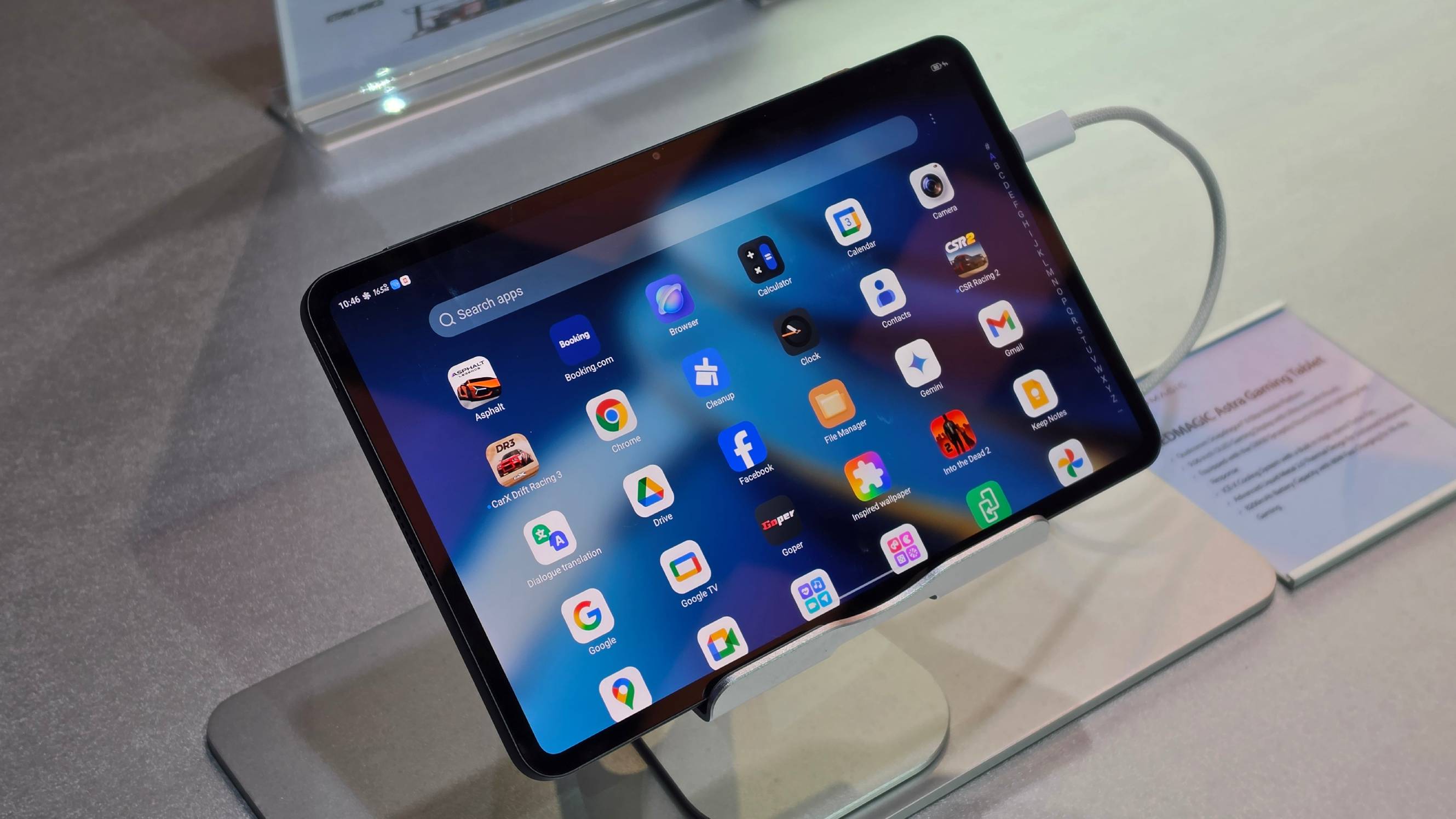 The Nubia Red Magic Astra on a stand, showing the app drawer.