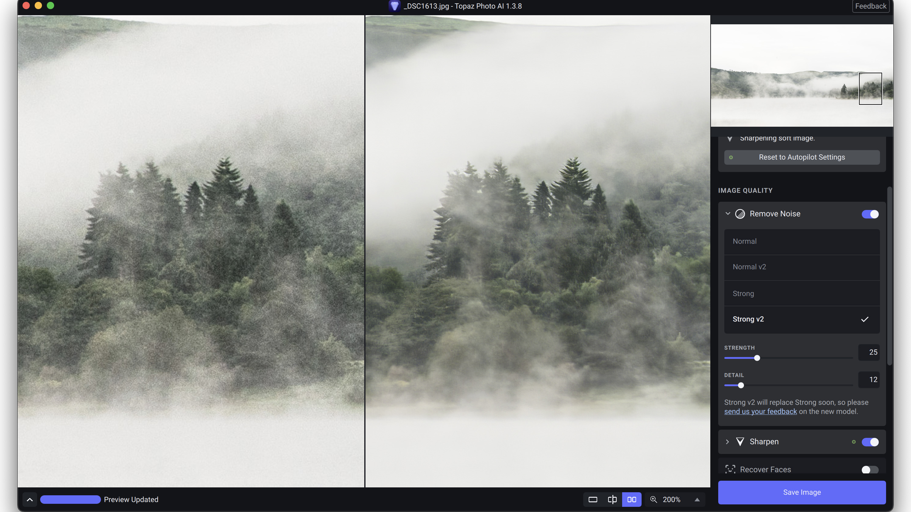 Topaz Photo AI editor screenshot before and after noise reduction applied to image of misty woodland