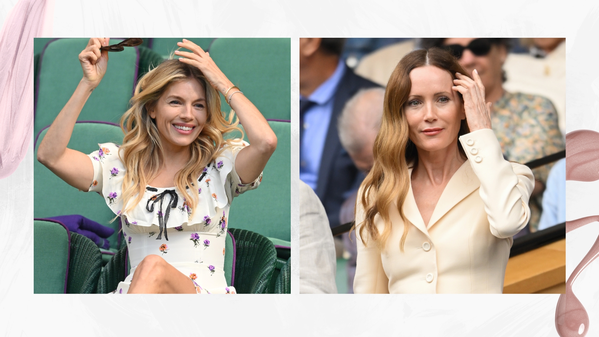 On the left, Sienna Miller is pictured with a milky pink manicure and wearing a floral dress while reacting to the action court-side on day nine of the Wimbledon Tennis Championships at the All England Lawn Tennis and Croquet Club on July 08, 2025, in London, England. And on the right, Leslie Mann is pictured with a neutral manicure and wearing a yellow blazer during day three of the Wimbledon Tennis Championships at the All England Lawn Tennis and Croquet Club on July 02, 202,5 in London, England / in a white template with pink nail polish spills.