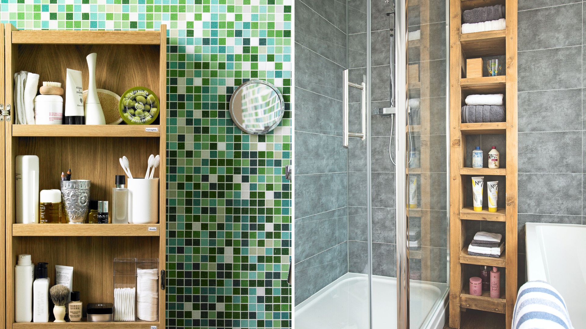 wooden bathroom shelves with products