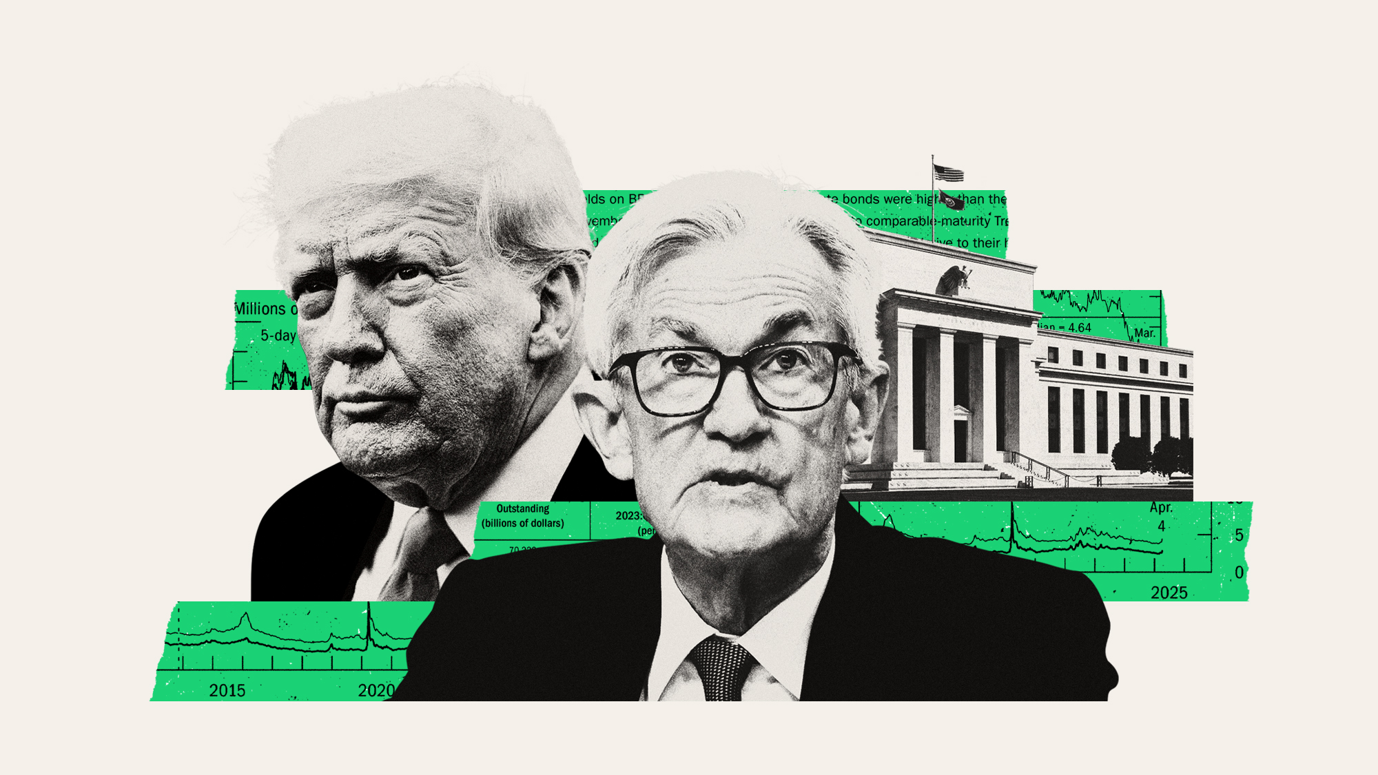 Photo composite illustration of Jerome Powell, Donald Trump, the Federal Reserve building in Washington DC