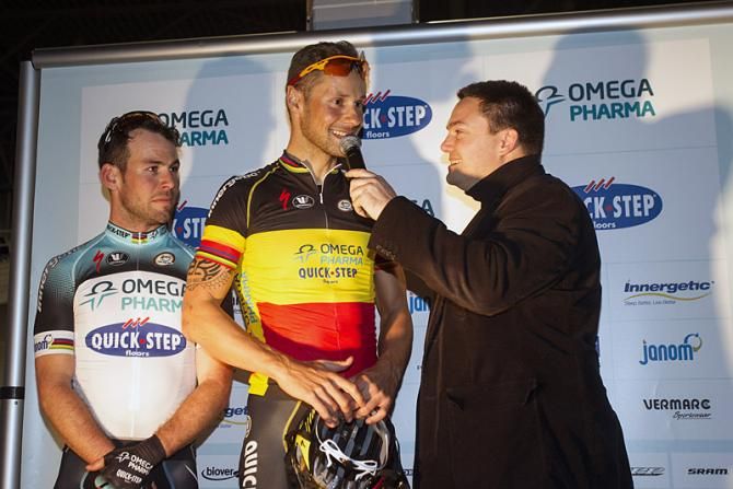 New Omega Pharma-Quick Step teammates Mark Cavendish and Tom Boonen at their team launch in Gent.