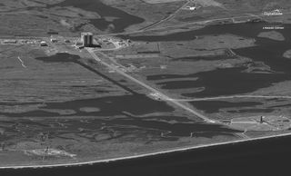 Satellite imagery of Kennedy Space Center in Florida shows SpaceX's Falcon 9 rocket at the launch pad on Feb. 28, 2019.