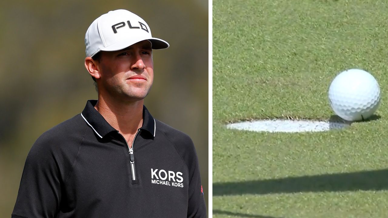 Austin Eckroat and a close up of his golf ball overhanging the hole