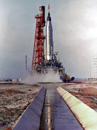 Scott Carpenter's Aurora 7 Mercury Atlas rocket lifts off from Pad 14, Cape Canaveral, Florida, on May 24, 1962.