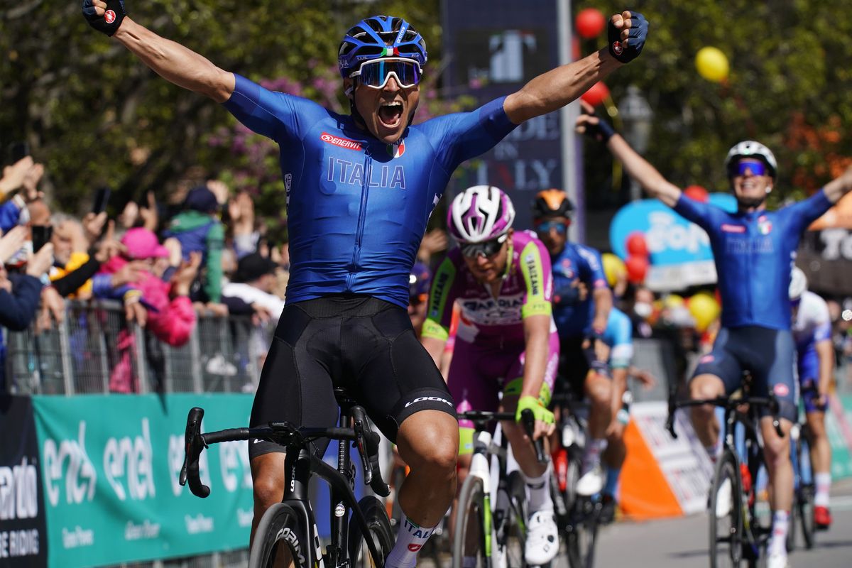 Matteo Malucelli (Italy) celebrates his win at the Giro di Sicilia