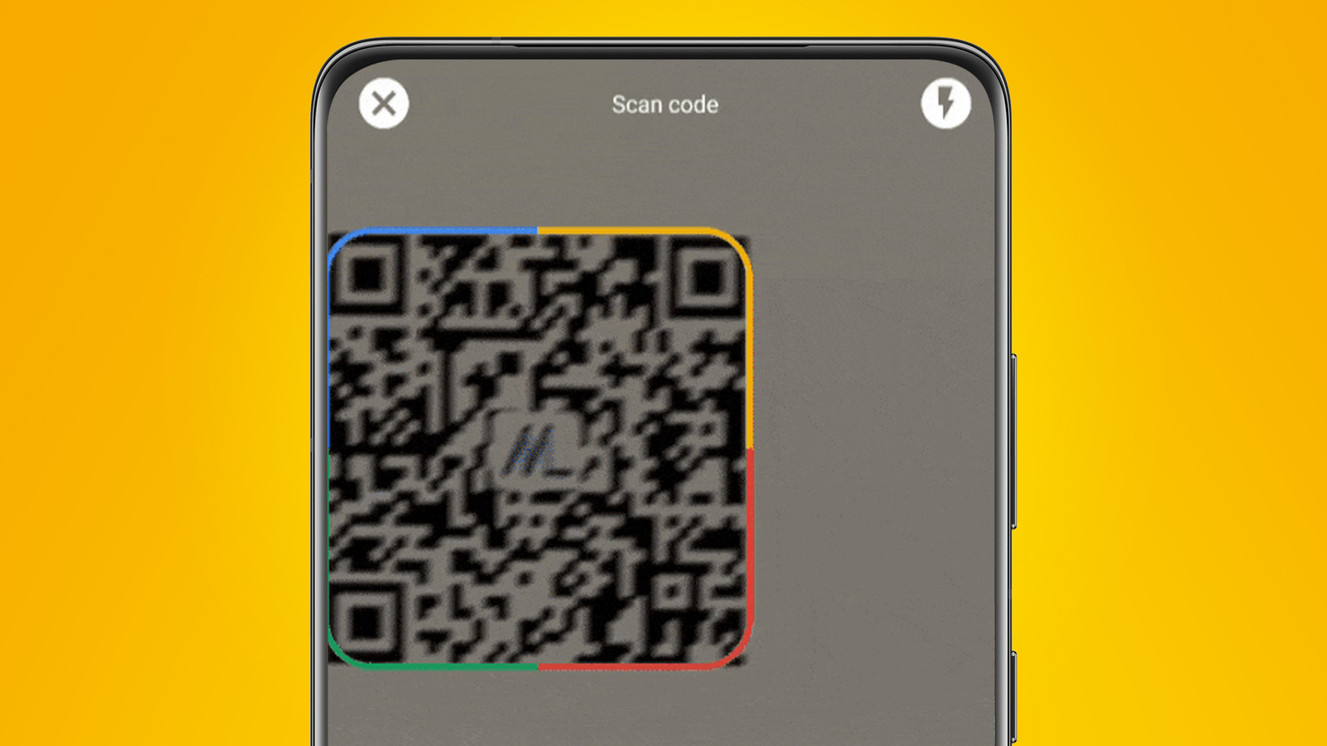 An Android phone on an orange background scanning a QR code
