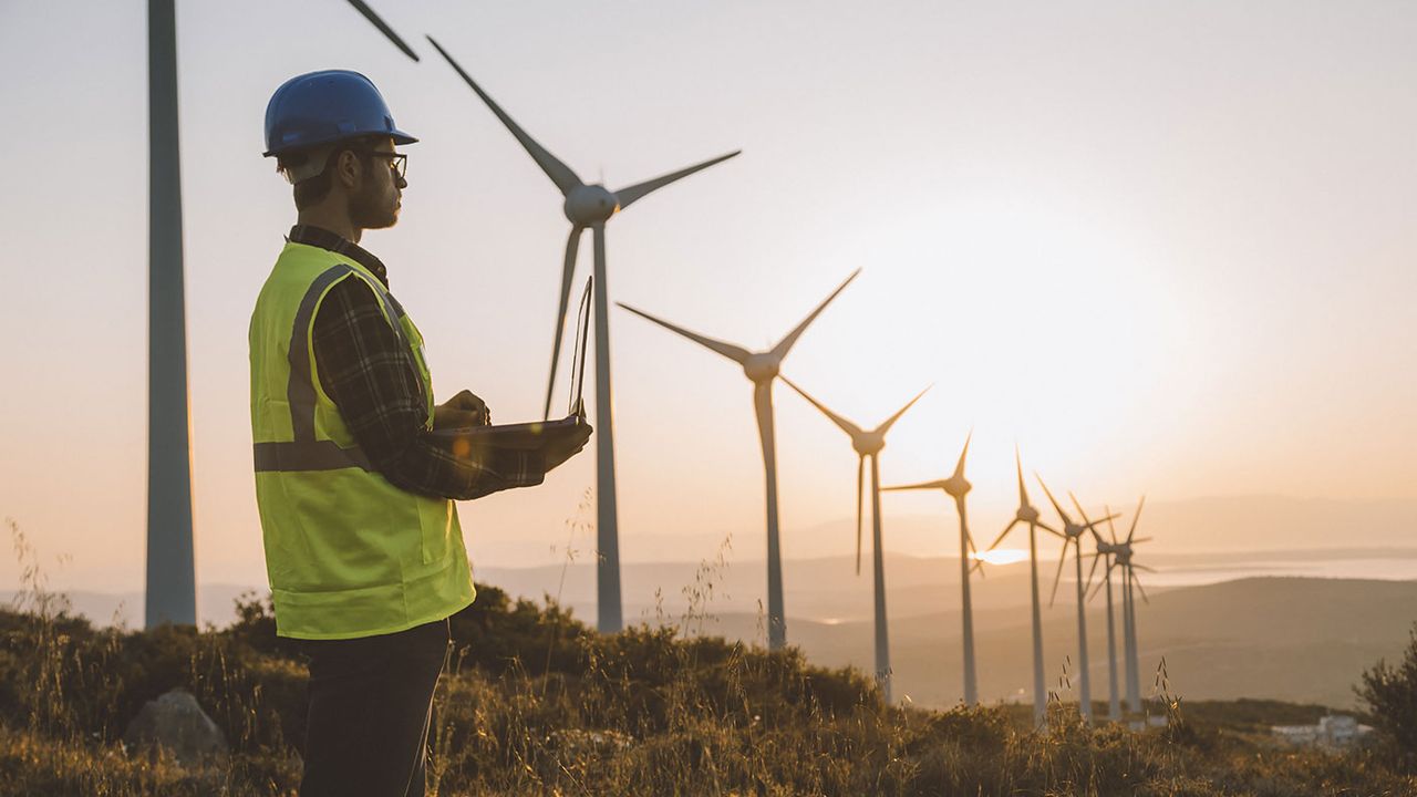 Man looking at wind turbines 