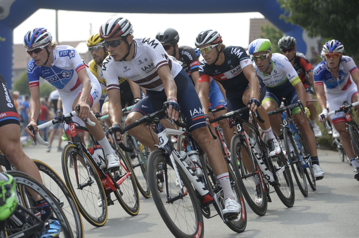 Latvian champion Aleksejs Saramotins in the bunch