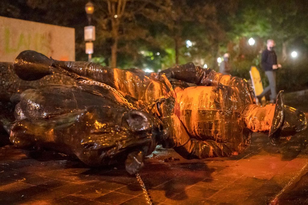 Toppled Theodore Roosevelt statue in Portland, Oregon.