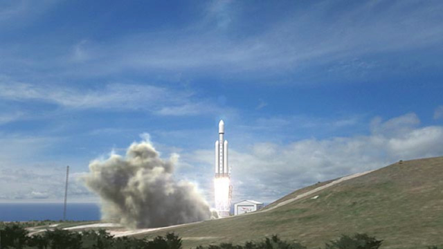 An artist&#039;s illustration of a SpaceX Falcon 9 Heavy rocket launching into space. 