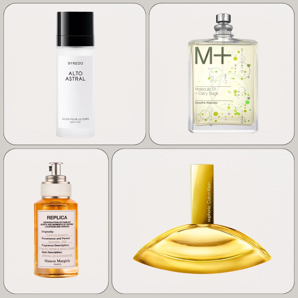A collage of new in perfumes from Byredo, Escentric Molecules, Maison Margiela and Calvin Klein