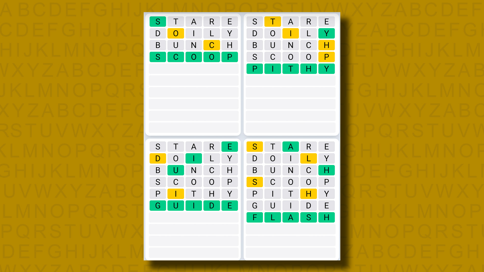 Quordle Daily Sequence answers for game 984 on a yellow background