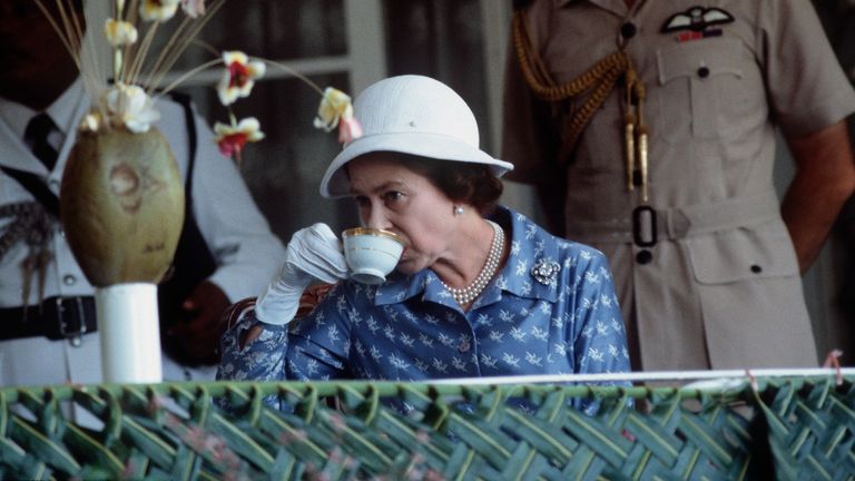 The Queen In Nauru Drinking A Cup Of Tea in 1982.