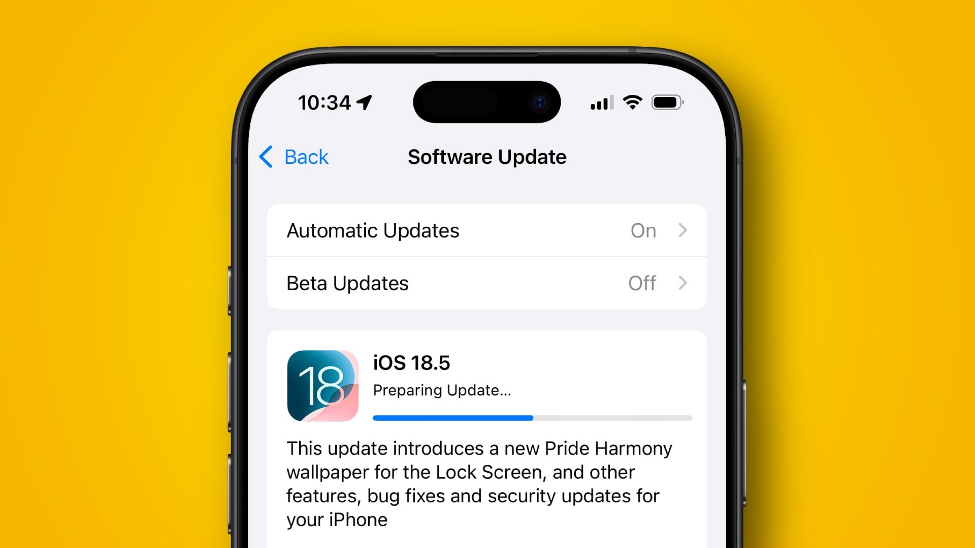 An iPhone against an orange background. The iPhone is updating to iOS 18.5.