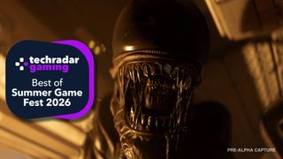 A screenshot from Alien: Isolation 2 showing the xenomorph up close with TechRadar Gaming's Best of Summer Game Fest 2026 badge on top