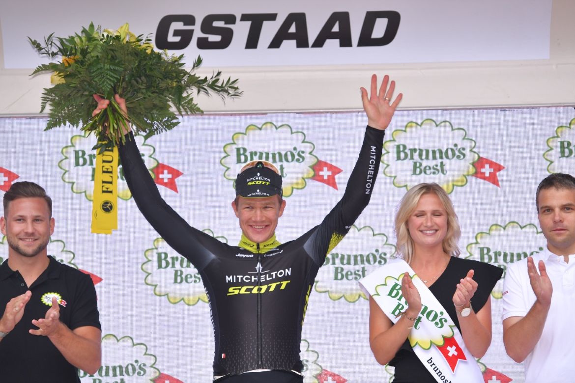 Chris Juul-Jensen on the podium after stage 4 of the Tour de Suisse