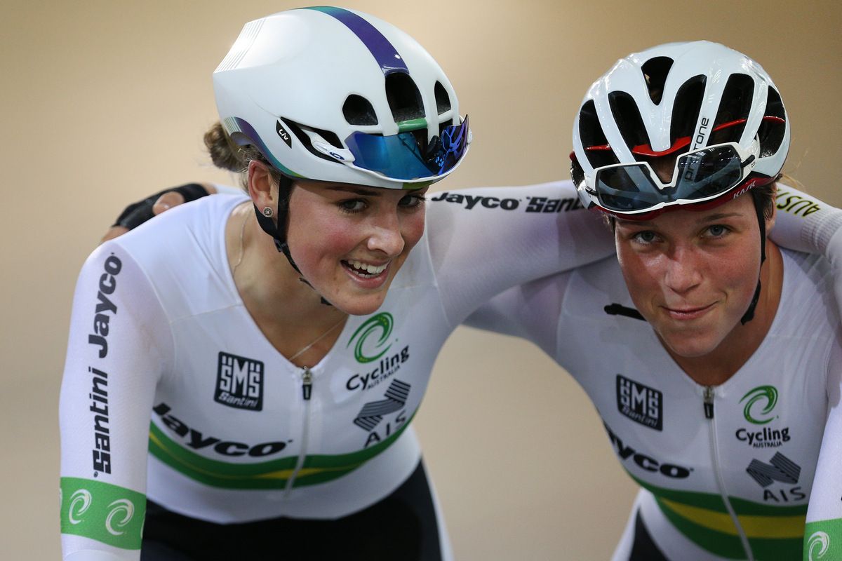 Kristina Clonan and Macey Stewart (Australia) after their madison victory