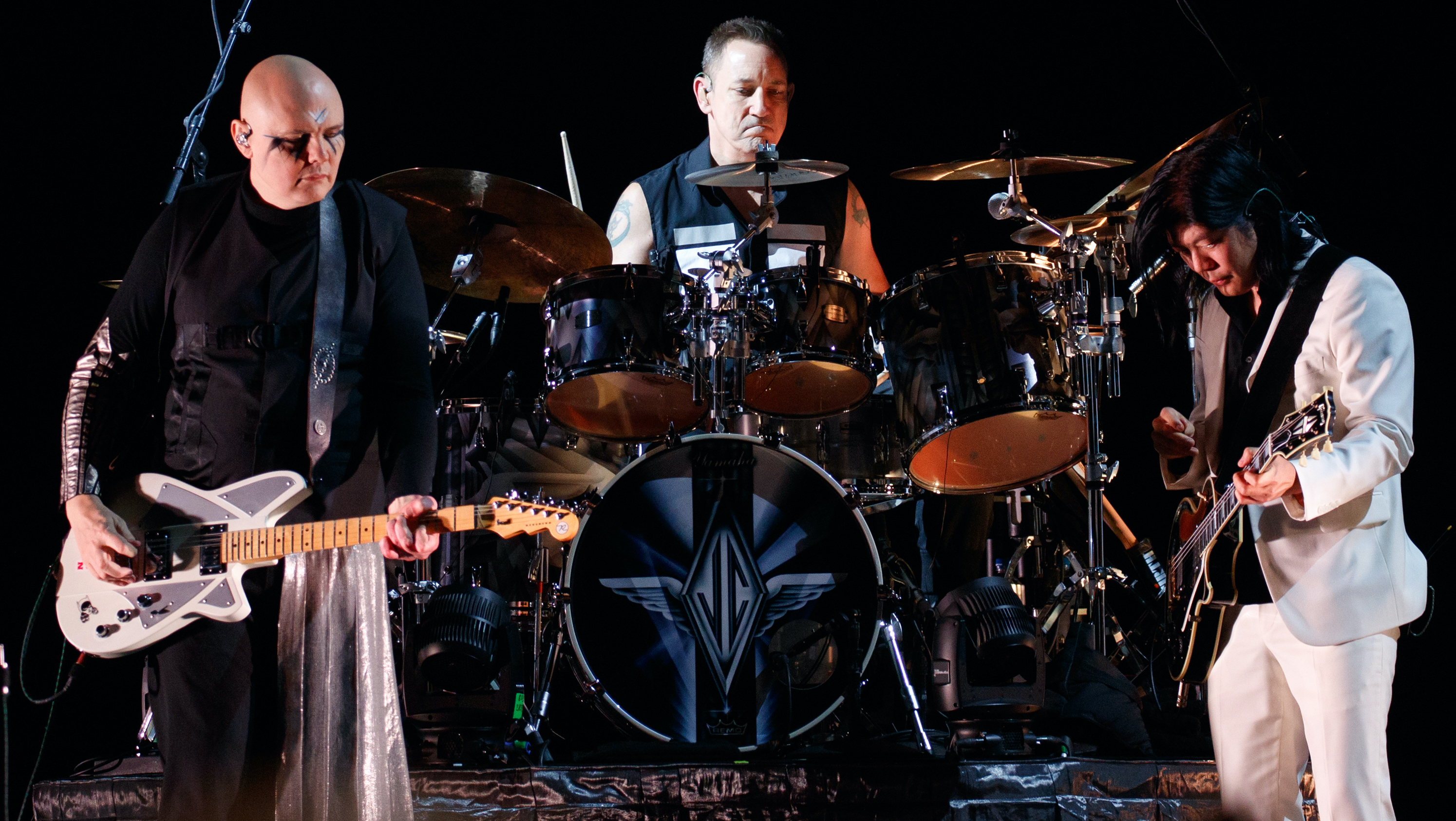 Billy Corgan, Jimmy Chambelin and James Iha of Smashing Pumpkins perform on stage at The SSE Arena Wembley on October 16, 2018 in London, England