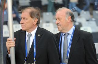 Spain manager Vicente del Bosque and assistant manager Toni Grande look on during a 2009 Confederations Cup match