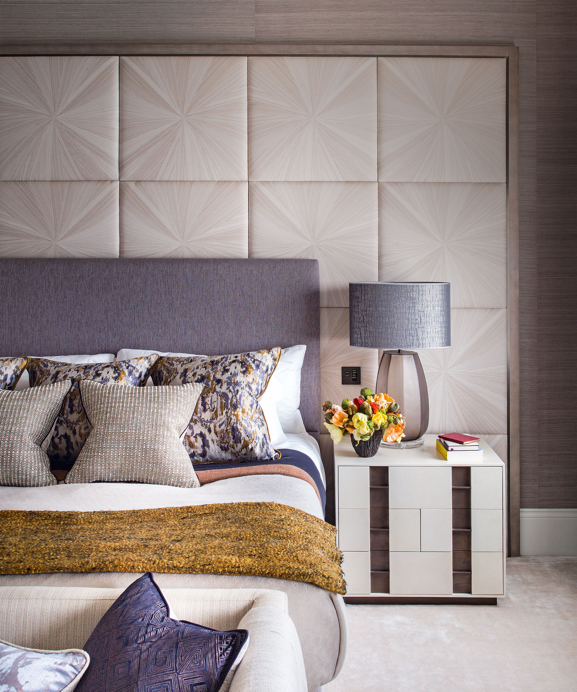 Above the bed decor ideas with wall panelling behind the headboard