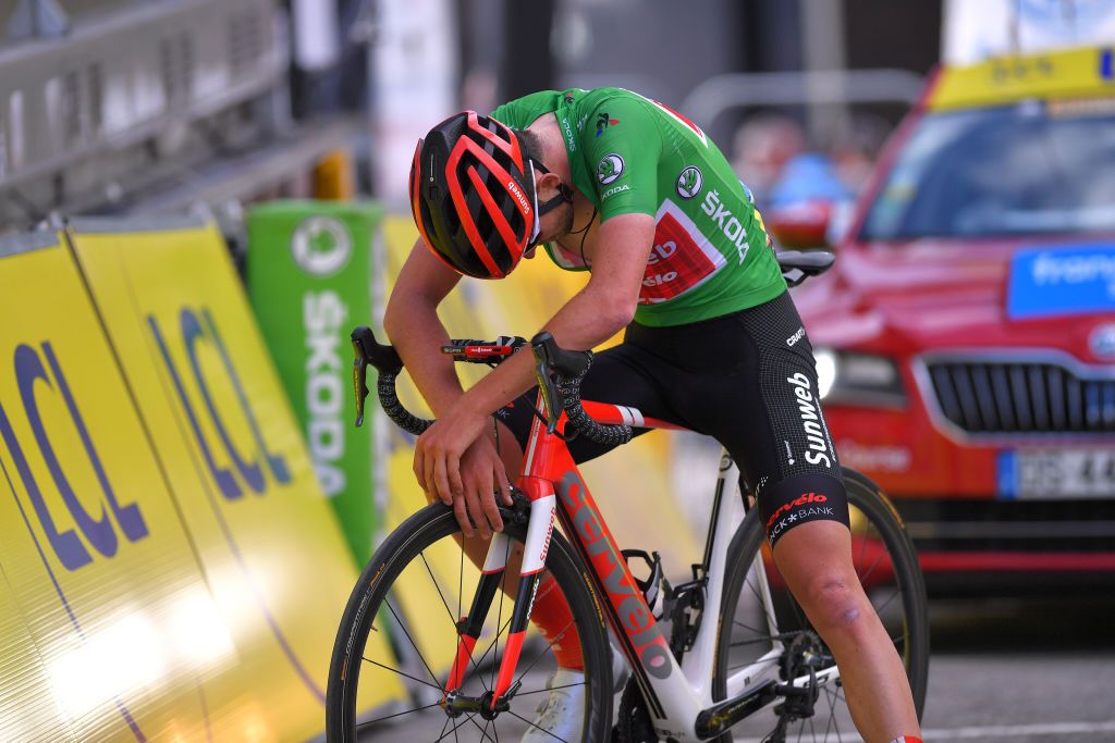VALDEBLORE LA COLMIANE FRANCE MARCH 14 Arrival Tiesj Benoot of Belgium and Team Sunweb Green Sprint Jersey Disappointment during the 78th Paris Nice 2020 Stage 7 a 1665km stage from Nice to Valdeblore La Colmiane 1500m Paris Nice 2020 final stage as part of the fight against the spread of the Coronavirus ParisNice parisnicecourse PN on March 14 2020 in Valdeblore La Colmiane France Photo by Luc ClaessenGetty Images