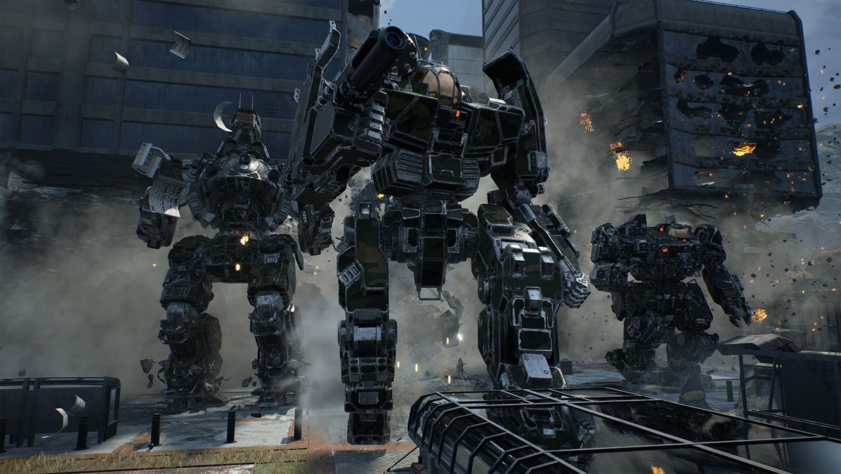 MechWarrior 5: Mercenaries - Three BattleMechs walk together through a city while buildings and terrain are destroyed behind them.