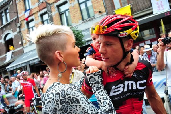 Philippe Gilbert (BMC) takes some family time before the start of stage 1 at the Tour de France