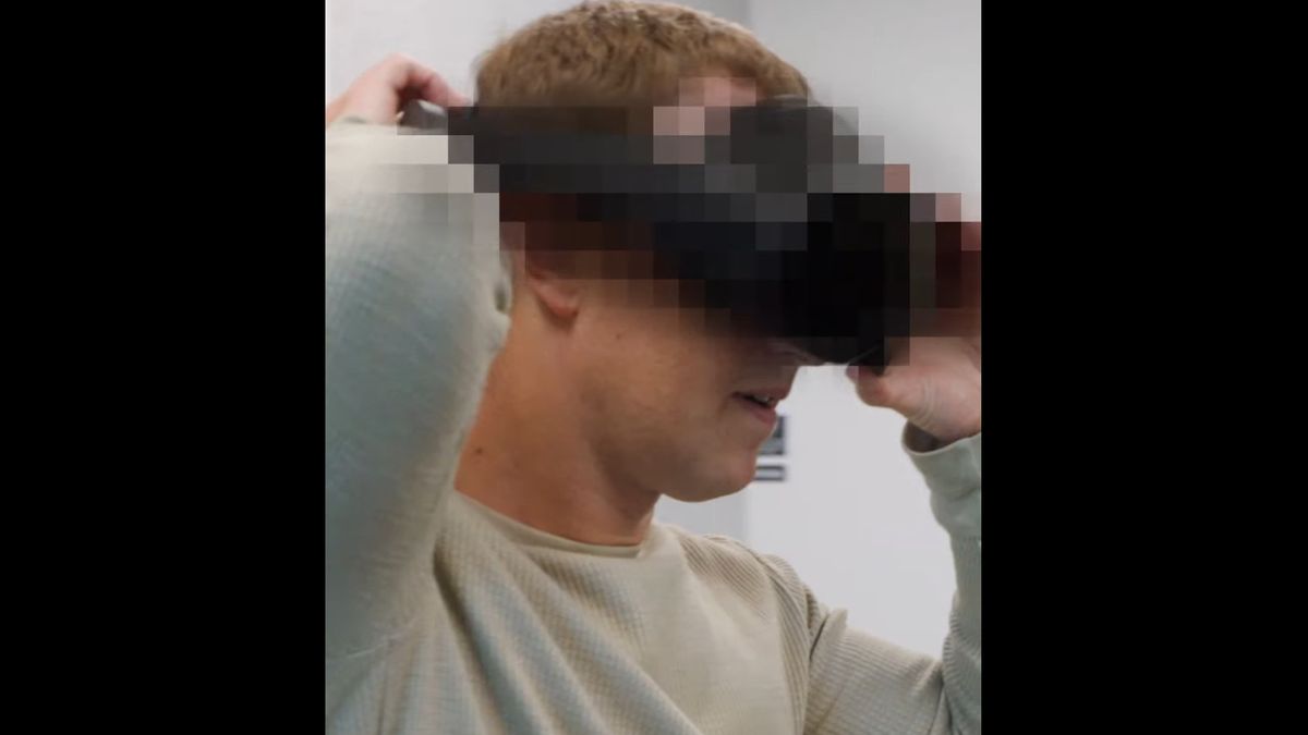 Meta CEO Mark Zuckerberg with pixelated Project Cambria VR headset on his face