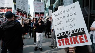 WGA members picket outside the Amazon and HBO offices in New York. 