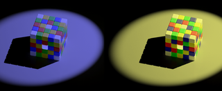 Two multicolored cubes on a black screen. One has a blue bakground and the other has a yellow background.