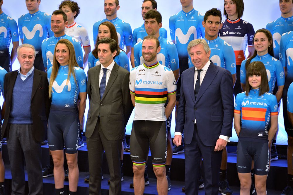 Alejandro Valverde stands centre-stage at the Movistar team presentation