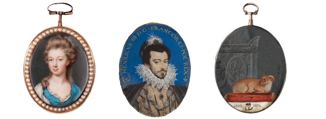 From left to right: A Lady by John Smart; Henri III of France by Nicholas Hilliard; A memorial portrait of a dog, next to his master’s tomb.