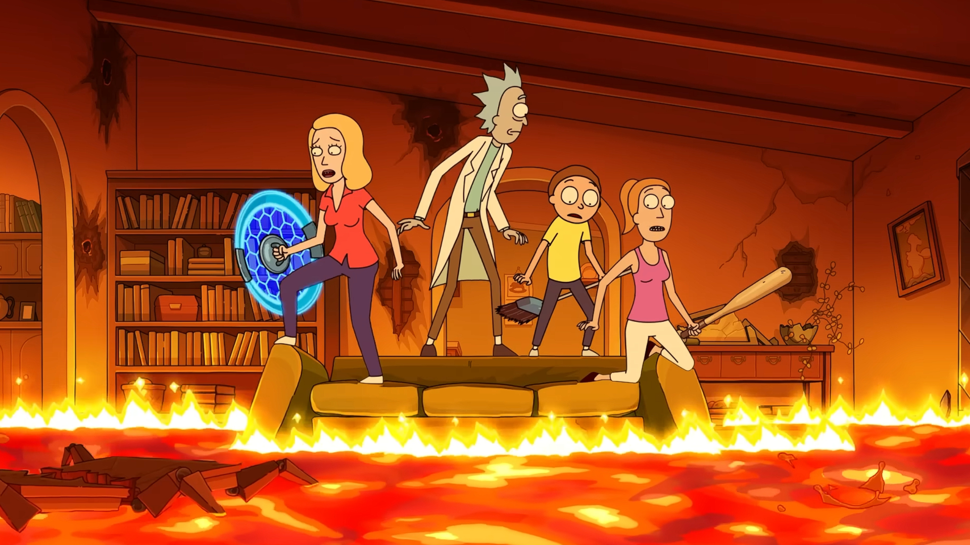 Four cartoon characters in a lava living room