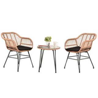 Two rattan outdoor chairs with a small round wooden table