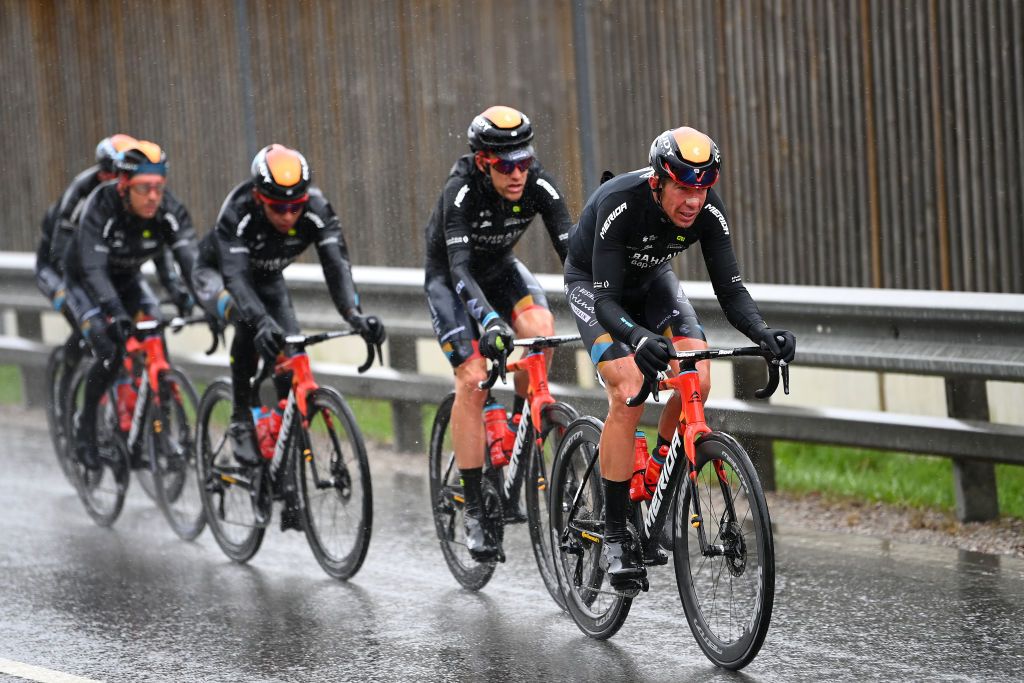 LIENZ AUSTRIA APRIL 22 Domen Novak of Slovenia and Edoardo Zambanini of Italy and Team Bahrain Victorious lead the peloton during the 45th Tour of the Alps 2022 Stage 5 a 1145km stage from Lienz to Lienz TouroftheAlps on April 22 2022 in Lienz Austria Photo by Tim de WaeleGetty Images