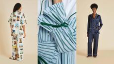 A three-split image features three models wearing a patchwork white pajama set covered in photographs, a stripy light blue and green one, and a silky blue one.