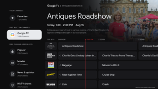 Live tab TV guide showcasing new free channels from Google TV