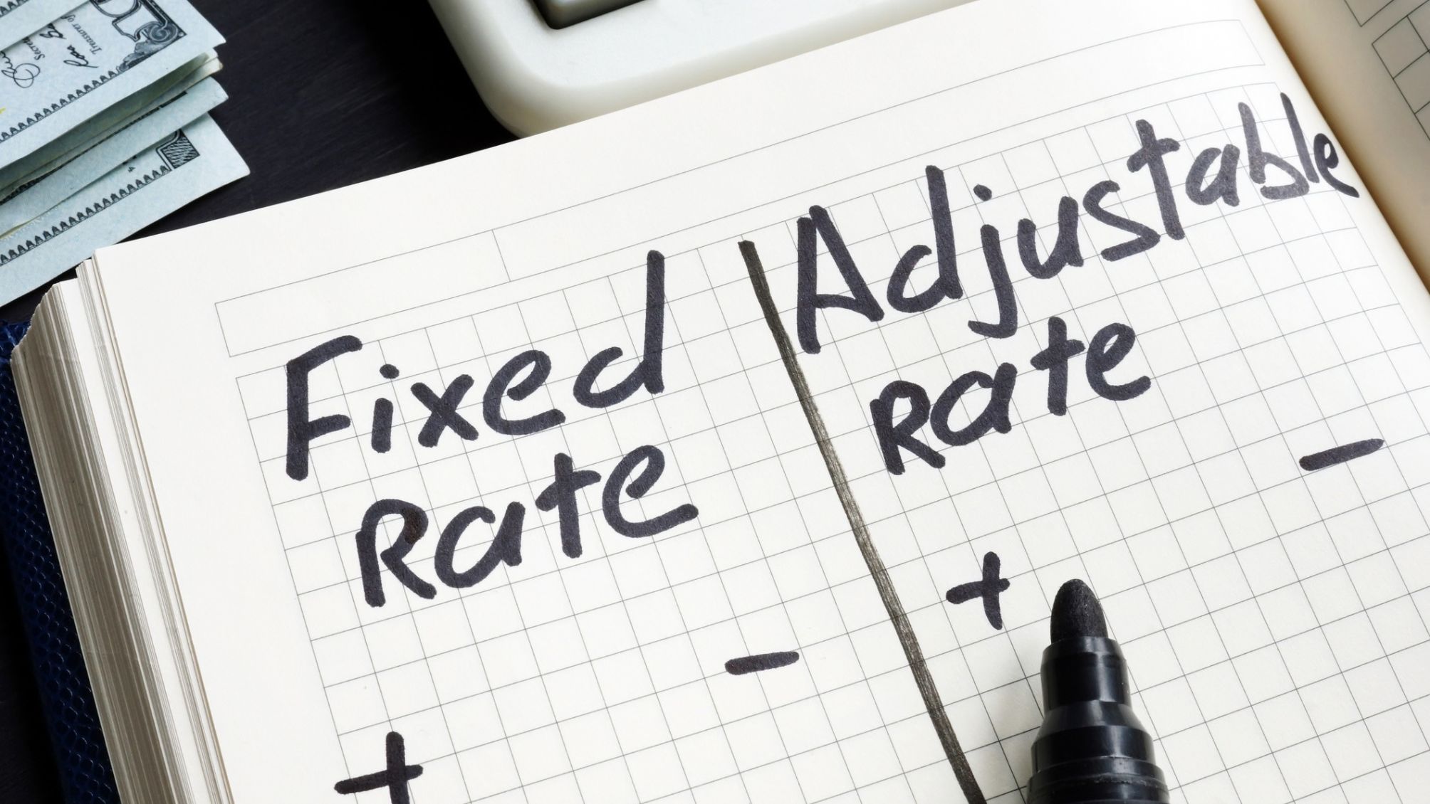 A pros and cons list for fixed rate and adjustable rate in a notebook.