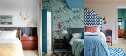 Three examples of bedroom trends 2023. Calming white bedroom with bed, bedside table and wall and table lamps. Blue bedroom with patterned floral blue wallpaper, blue headboard, paint, bedding. Large rounded patterned blue headboard, blue throw, red cushion, bedside table, looking out into corridoor.